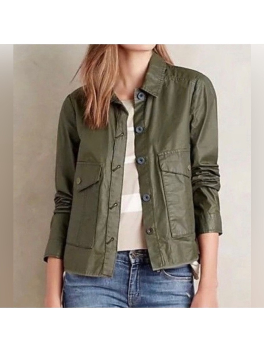 Heihei Anthropologie Olive army waxed  Green Lightweight Utility Jacket M